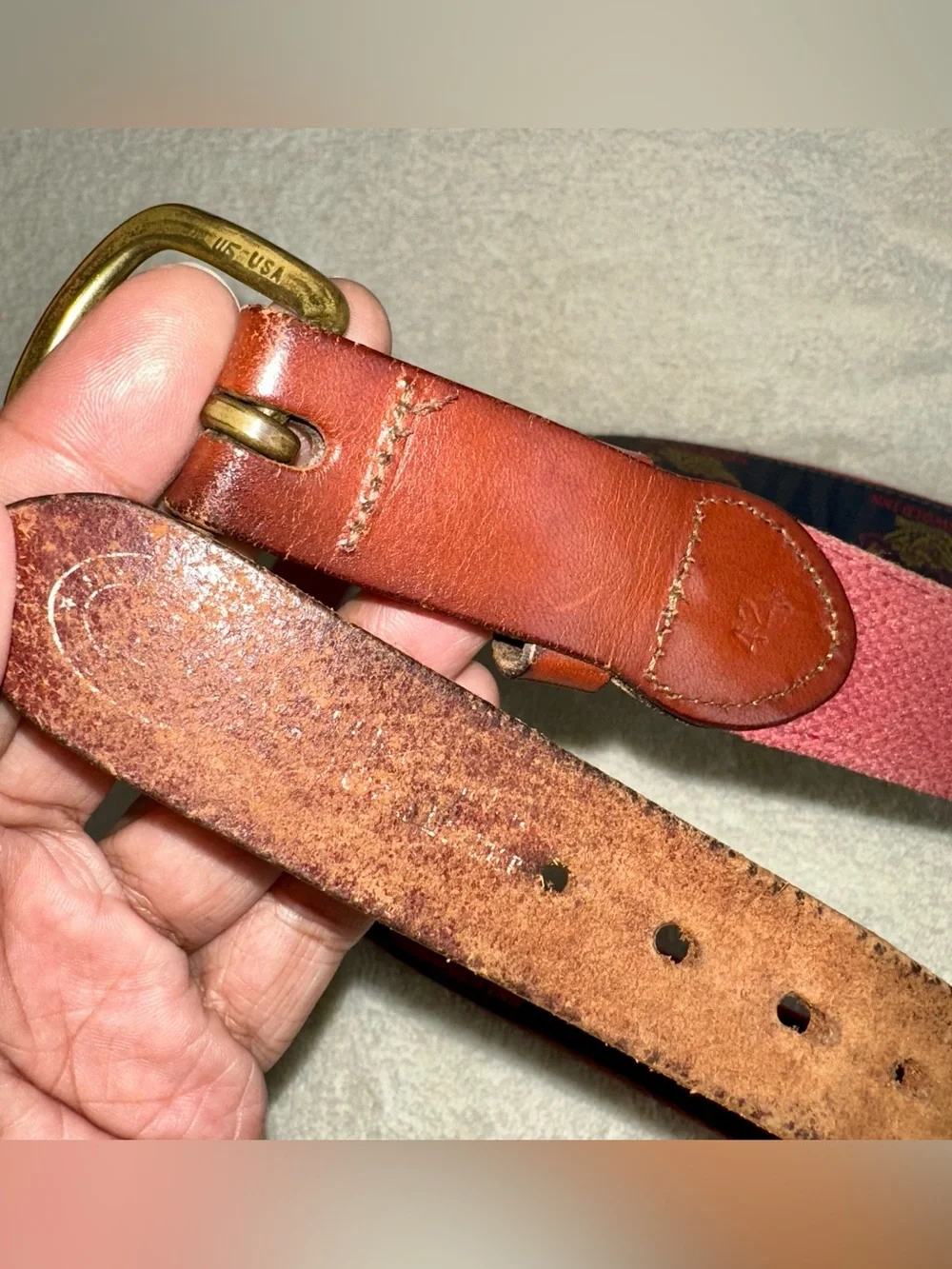 Vintage Griswold Inn Ribbon Leather Belt Solid Brass Buckle USA Sz 42